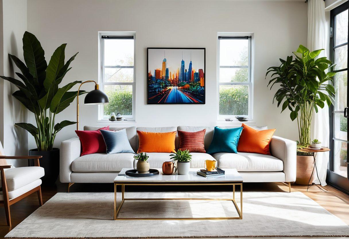 A stylish, modern living room in a rental home with sleek furniture, a cozy sofa, a chic coffee table, and elegant decor. Sunlight streams through large windows, illuminating vibrant indoor plants and artistic wall hangings. A welcoming ambiance that echoes sophistication and comfort. super-realistic. vibrant colors. white background.