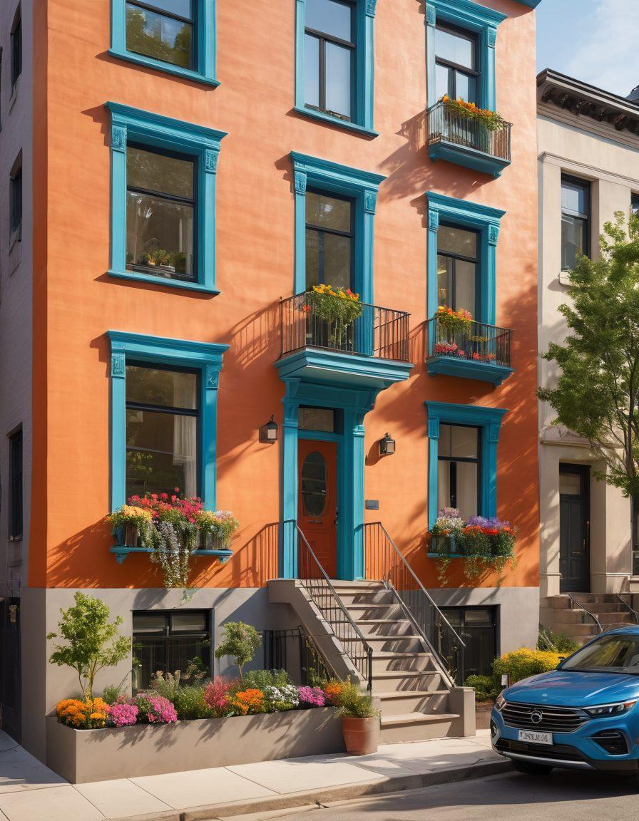 A vibrant neighborhood street with charming, colorful apartment buildings, adorned with blooming flower boxes, and modern interiors visible through large windows. A happy couple excitedly entering their stylish home, with a picturesque cityscape in the background. super-realistic. vibrant colors. inviting ambiance.